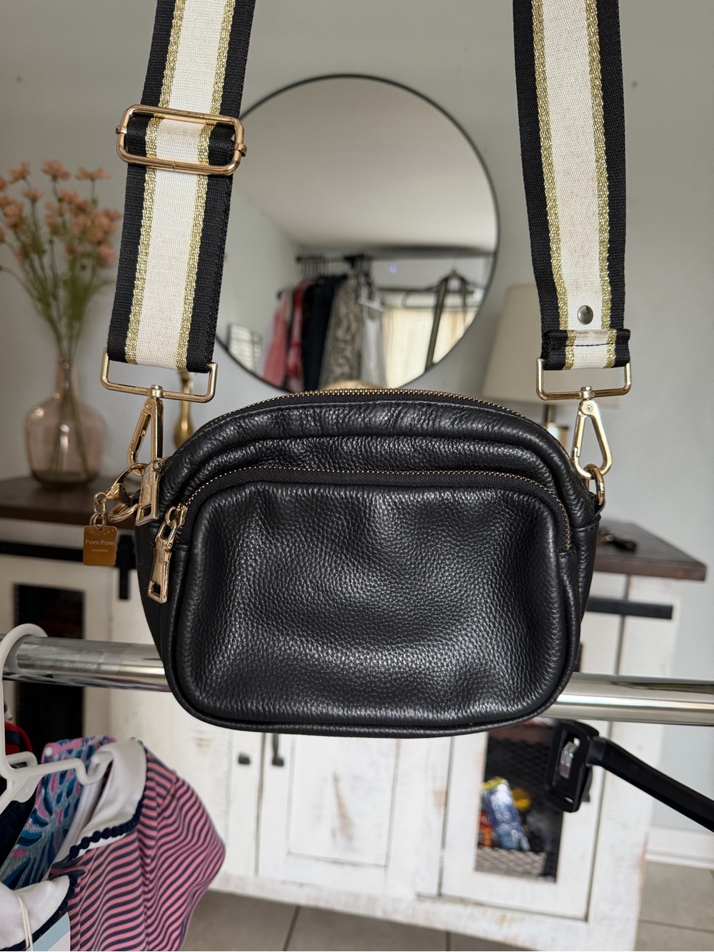 Pom Pom London Black Leather Crossbody Bag with Detachable Stripe Strap